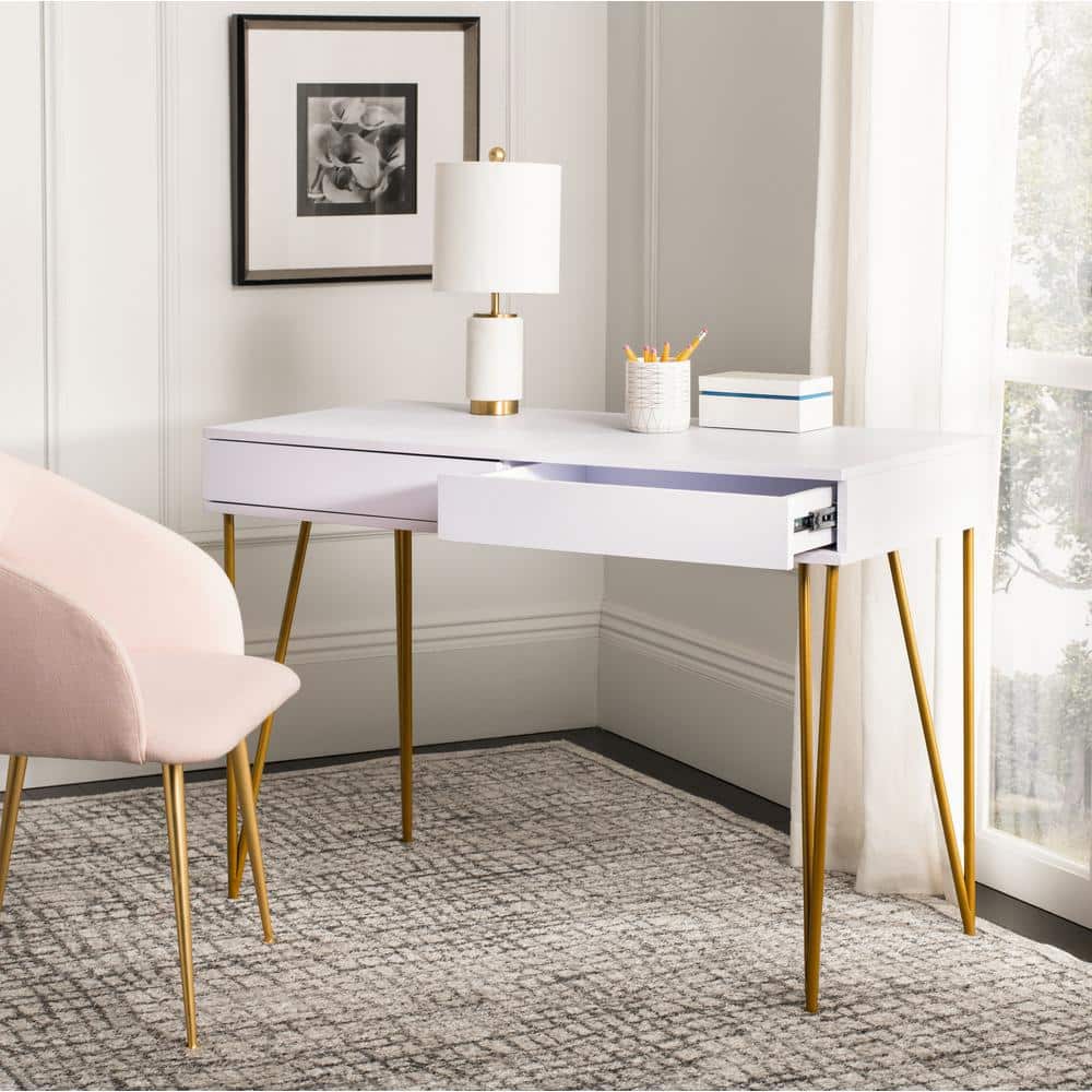 Elegant Transitional White and Gold Home Office Desk with 2 Drawers