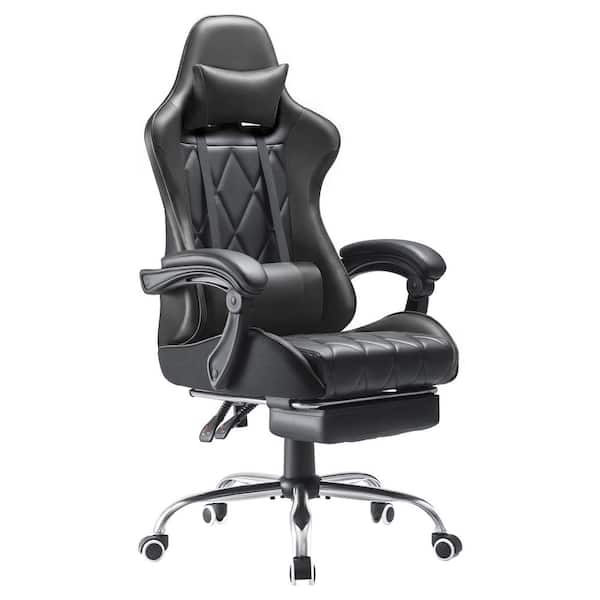 Leather Footrest and Lumbar Support Gaming Chair, Office Recliner Computer Chair with Swivel Seat in Black