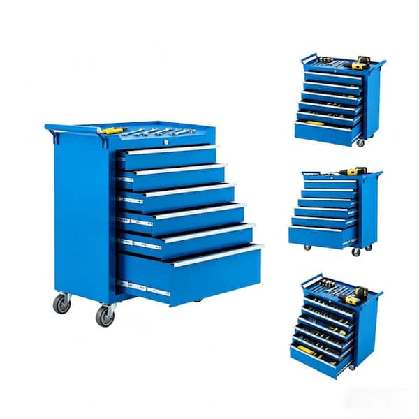 24 Inch 6‑Drawer Rolling Tool Chest,Metal Storage Cart,Locking System,Liners,Side Handle,Swivel Casters,Blue