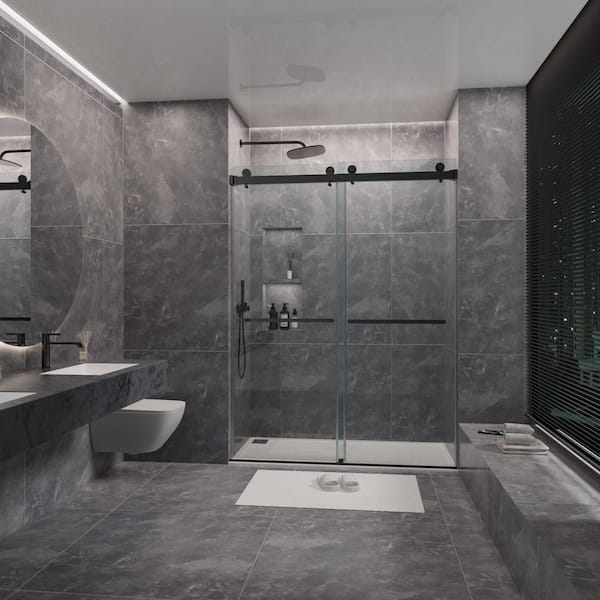 60 in. W x 76 in. H Sliding Frameless Shower Door in Matte Black with 3/8 in. Clear Glass