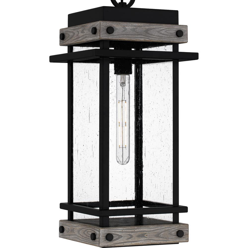 Matte Black Glass and Wood Outdoor Hanging Lantern