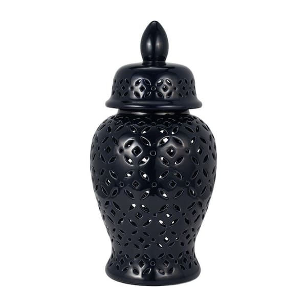 24 in. Navy Blue Stoneware Cut-out Daisies Temple Jar