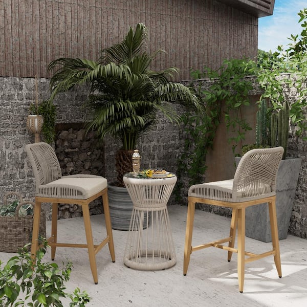 Aluminum Rope-Woven Outdoor Bar Stools with Natural Wood Color Cushions (Set of 2)
