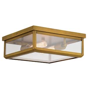 Kinzie 2-Light Gold Vintage Brass Transitional Indoor Outdoor Square Flush Mount Ceiling Light with Clear Glass