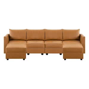 56.1 in. Modern Faux Leather U-Shaped Sectional Sofa with Reversible Chaise Sectional Sofa with Ottoman in. Caramel