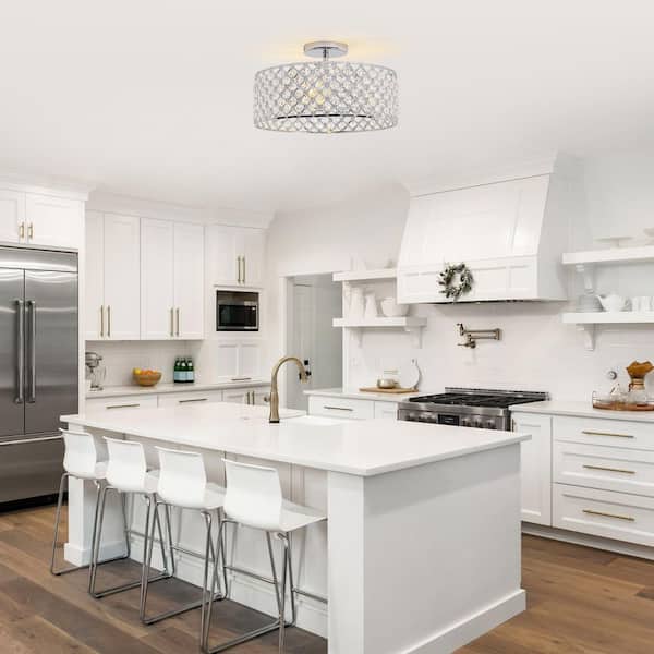 14.76 in. 3-Light Chrome Modern Semi-Flush Mount Ceiling Light with Crystal Shade
