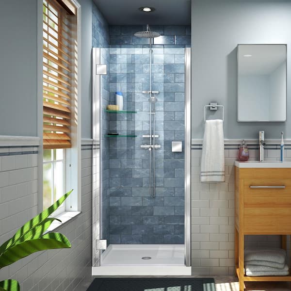 DreamLine Lumen 42 in. x 72 in. Semi-Frameless Hinged Shower Door in Chrome with 42 in. x 34 in. Base in White