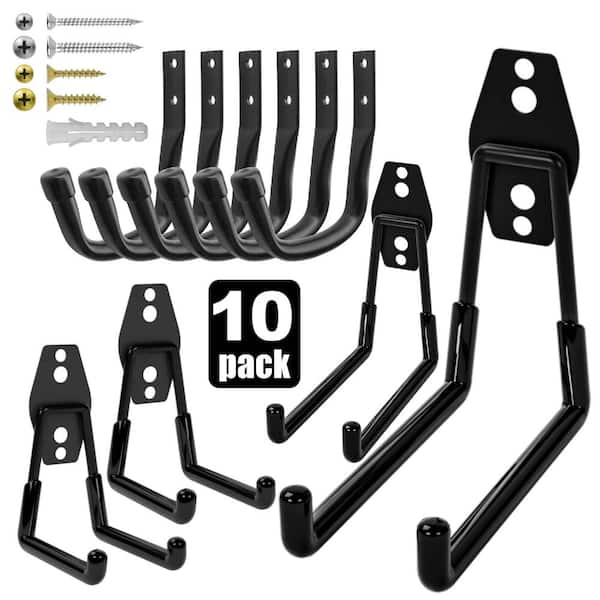 Heavy Duty Wall Garage Hooks, Steel Utility Storage Hangers with Anti-Slip PVC Coating and Mounting Hardware, Black, 10