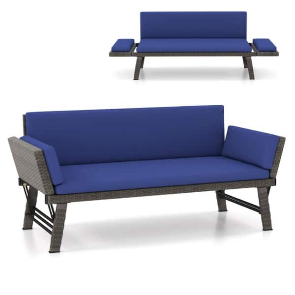 3 Seat Rattan Wicker Outdoor Couch with Navy Cushions & Adjustable Armrests for Balcony Patio Lounge Sofa Day Bed