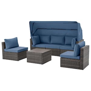 6-Piece Gray Wicker Patio Outdoor Sectional Sofa Set with Blue Cushions, Adjustable Canopy and Backrest