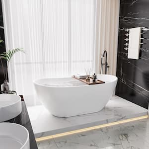 64.56 in. x 32.27 in. Oval Solid Surface Stone Resin Freestanding Double Slipper Soaking Bathtub in Matte White