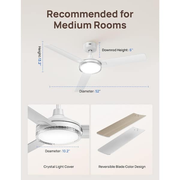 52 in. White Downrod Mount Standard Ceiling Fan with Integrated LED Light and Remote Included