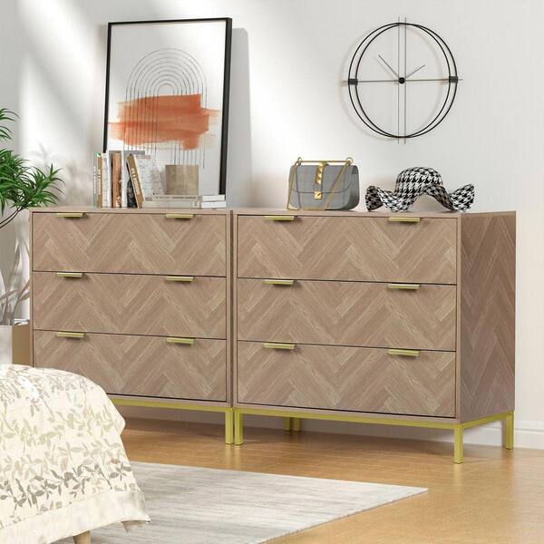gold dresser drawer Aupodin Modern Natural Oak 3-Drawer 31.5 in. Chest of Drawers Mid Century Organizer Bedroom Furniture with Metal Legs vintage white and gold dresser