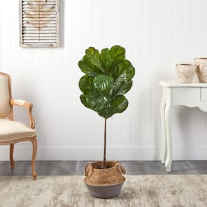 4 ft. Fiddle Leaf Artificial Tree in Boho Chic Handmade Cotton and Jute Gray Woven Planter UV Resistant (Indoor/Outdoor)