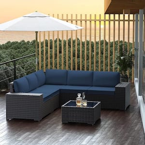 6-Piece Wicker Outdoor Sectional Set with Navy Blue Cushions