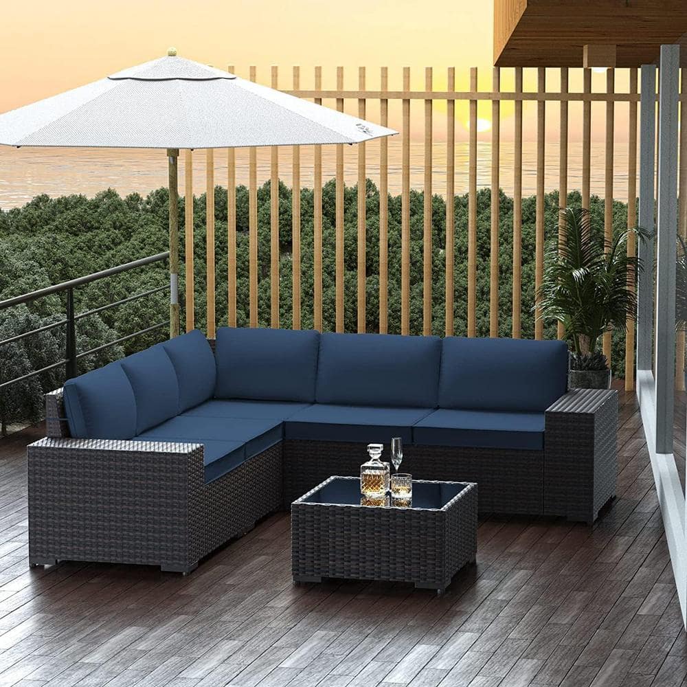 Halmuz 6-Piece Wicker Outdoor Sectional Set with Navy Blue