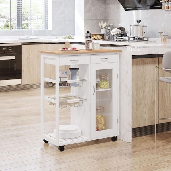 White Kitchen Cart with Drawers; Shelf; Wheels; Locking Casters