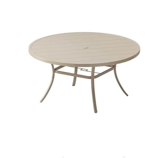 53 in. Round Metal Outdoor Dining Table with Umbrella Hole and Storage Shelf in Sandshell