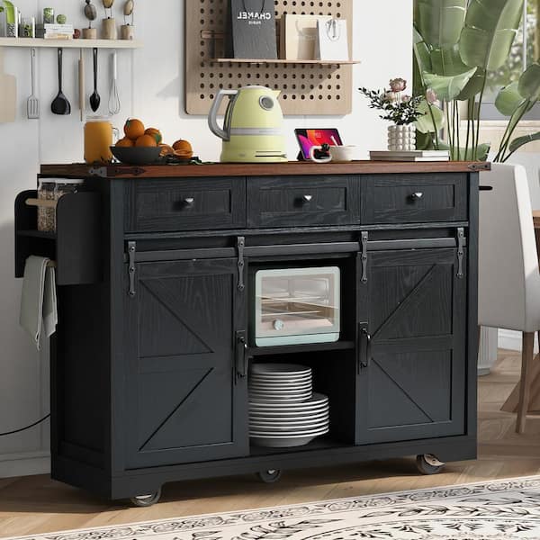 Oasis Black Wood 53.75 in. Kitchen Island with Power Outlet, 2 Sliding Barn Door Kitchen Storage Island with Drop Leaf