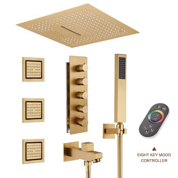 Unbranded Luxury LED Music 4-Spray Patterns Thermostatic 16 in. Ceiling Mount Rain Dual Shower Heads with 3-Jet in Brushed Gold