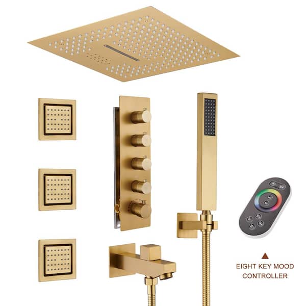Mondawe Luxury LED Music 4-Spray Patterns Thermostatic 16 in. Ceiling Mount Rain Dual Shower Heads with 3-Jet in Brushed Gold