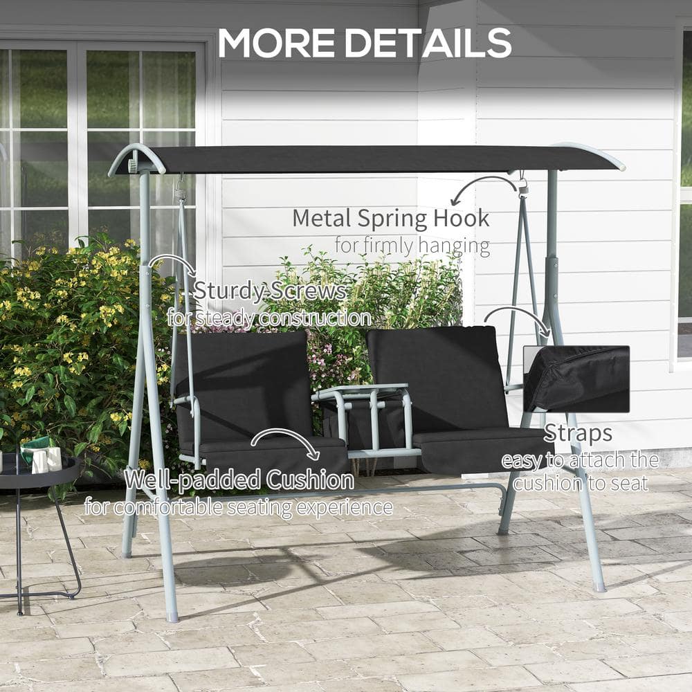 Black Metal 2-Person Porch Swing with Canopy and Cushions