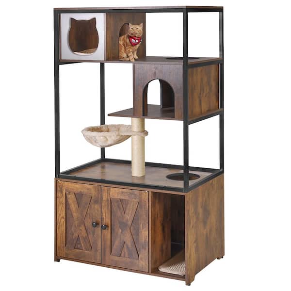 Wooden 3-Story Cat Condo with Litter Box Enclosure: Strong Iron Frame