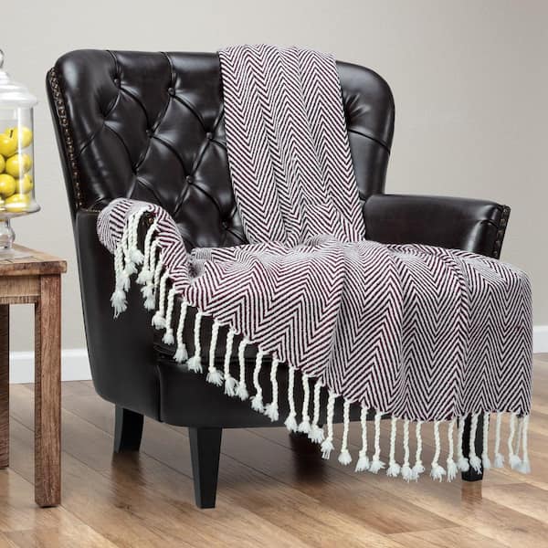 CHANASYA Chevron Wine Acrylic Knit Throw Blanket with Tassels, 50 x 65 in.