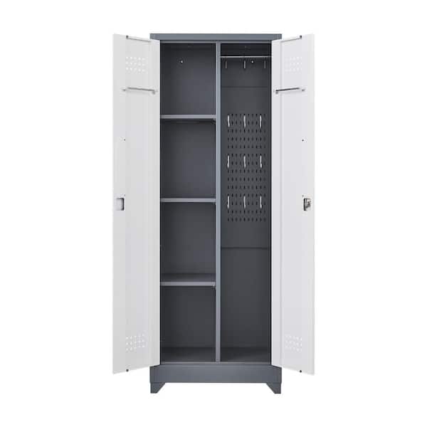 White 65" H Metal Garage Storage Cabinets with Doors & Shelves, Broom Storage Cabinets with Hanging Rod, Tool Cabinet
