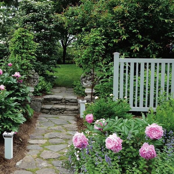 Pro Series 4 in. x 4 in. x 8 ft. White Vinyl Lafayette Spaced Picket Routed End Fence Post Pro Series 4 in. x 4 in. x 8 ft. White Vinyl Lafayette Spaced Picket Routed End Fence Post