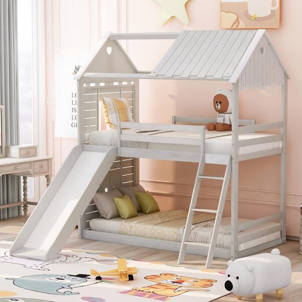 Harper & Bright Designs White Twin Over Twin Wood Bunk Bed with Roof ...