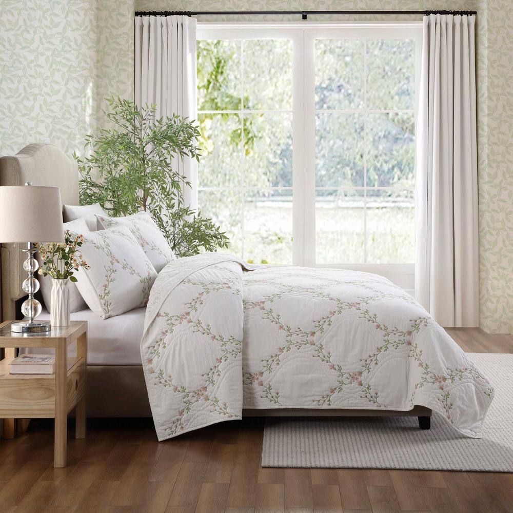 Pink Floral Embroidered Cotton Twin Quilt Set