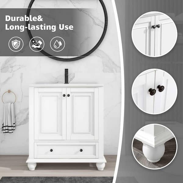 30 in. W. x 18.2 in. D x 34 in. H 1-Sink Freestanding Bath Vanity in White with White Ceramic Top and Drain Faucet Set