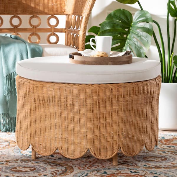 bali & pari Teresa Light Honey Rattan and Fabric Ottoman 256-14079