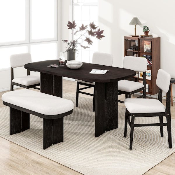 6-Piece Espresso Wood Top Dining Set with 4 Beige Linen Chairs, 1 Bench