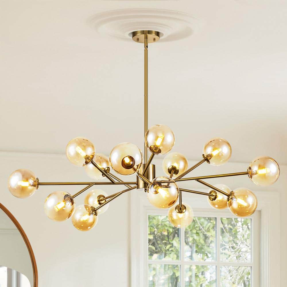 Rennnsan Charlie 15-Light Brass Gold Modern Amber Glass Rennnsan Charlie 15-Light Brass Gold Modern Amber Glass