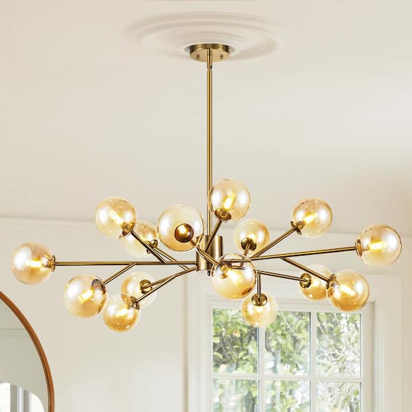 Rennnsan Charlie 15-Light Brass Gold Modern Amber Glass Globe Bubble Sputnik Sphere Chandelier