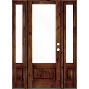 64 in. x 96 in. Knotty Alder Left-Hand/Inswing 3/-Lite Clear Glass Red Chestnut Stain Wood Prehung Front Door with DSL