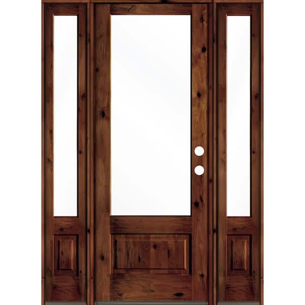 Krosswood Doors 64 in. x 96 in. Knotty Alder Left-Hand/Inswing 3/-Lite Clear Glass Red Chestnut Stain Wood Prehung Front Door with DSL