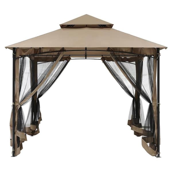 10 x 10 ft. Outdoor Patio Gazebo, Steel Frame Patio Gazebos with Double Roofs, Mosquito Netting, Sand Khaki