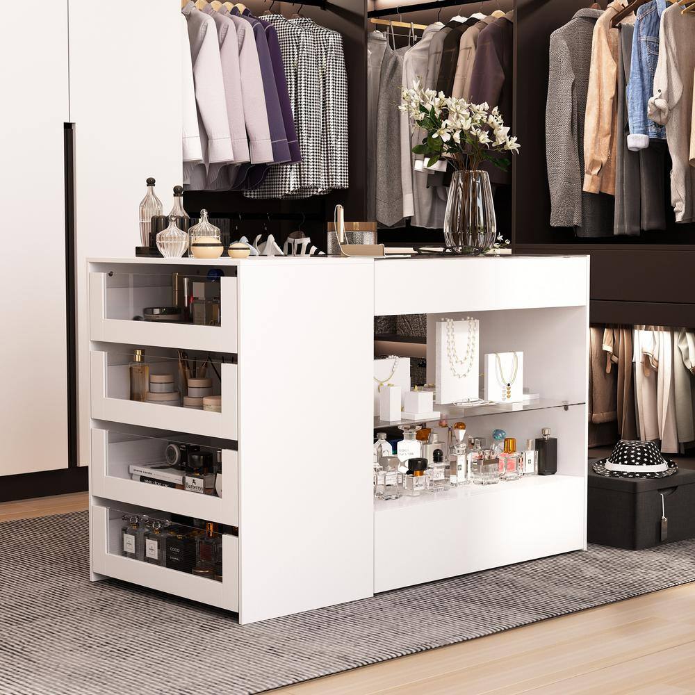 White Wood Free Standing 47.2 in. W Jewelry Armoire With Tempered Glass Top and 8-Drawers - thumbnail 5