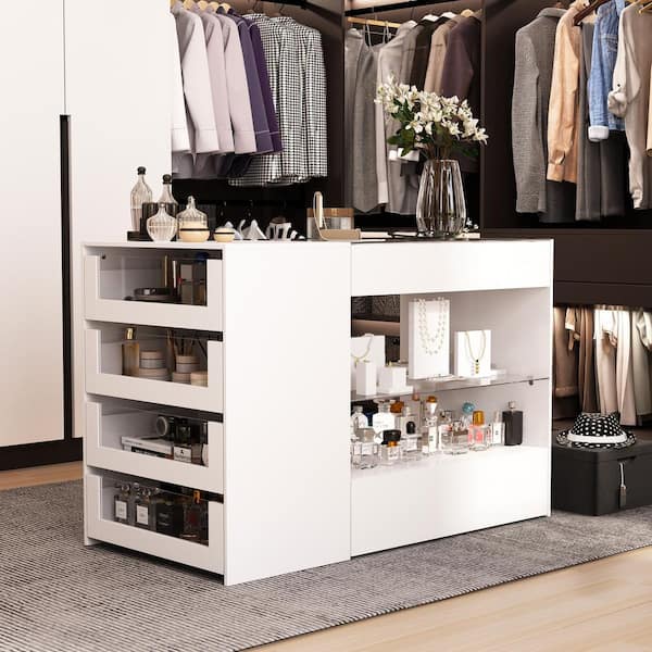 FUFU GAGA White Wood Free Standing 47.2 in. W Jewelry Armoire With Tempered Glass Top and 8 Drawers KF020459 01 c