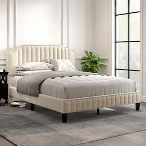 White Wood Frame Queen Size Upholstered Platform Bed with Headboard, Modern Linen Curved Platform Bed with Nailhead Trim
