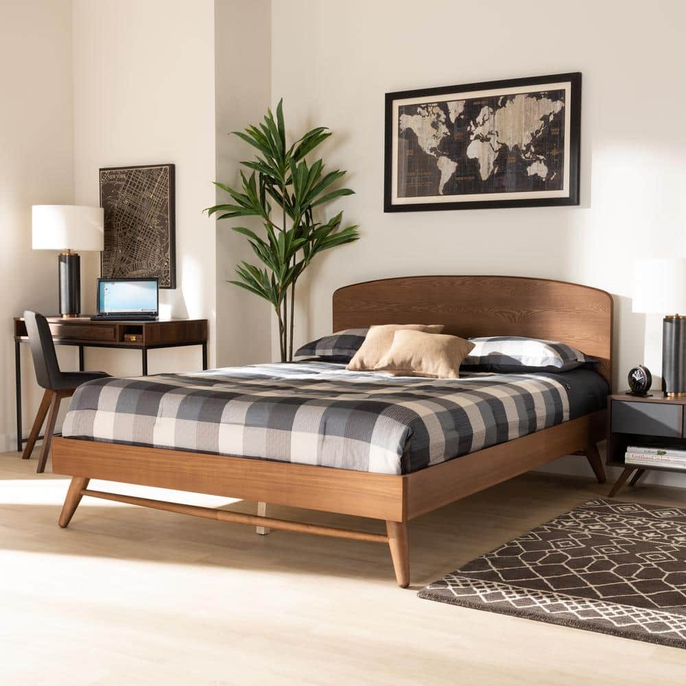 Walnut Brown Queen Wood Frame Platform Bed with Curved Headboard