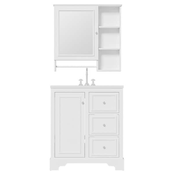 Ziyudura 30 in. Single Sink Freestanding White Bath Vanity with White Ceramic Top and Mirror Cabinet, Adjustable Shelves