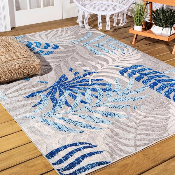 JONATHAN Y Tropics Gray/Blue 5 ft. Palm Leaves Square Indoor/Outdoor Area Rug