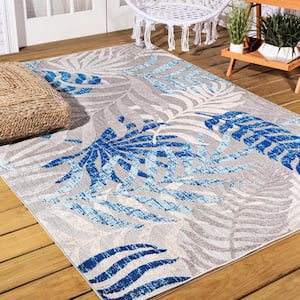 Tropics Palm Leaves Gray/Blue 6 ft. Round Indoor/Outdoor Area Rug