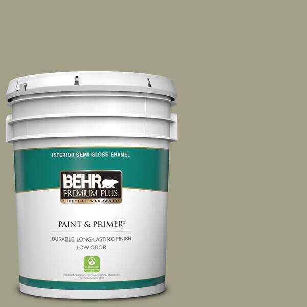 BEHR PREMIUM PLUS 5 gal. #BXC-82 Potting Moss Semi-Gloss Enamel Low Odor Interior Paint & Primer