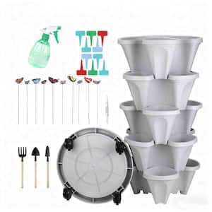 5-Tier Plastic Gray Polyethylene Vertical Stackable Planter with Garen Tool Set for Indoor/Outdoor Growing Vegetables