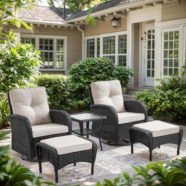 Black 5-Piece Wicker Patio Conversation Set with Swivel Rockers, Balcony Conversation Set with Beige Cushions